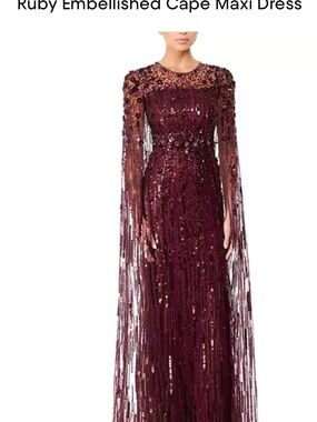 Jenny Packham Ruby Embellished Fringe Cape Maxi Dress